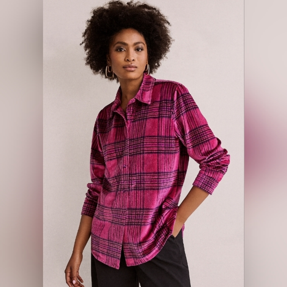 Denim 24/7 Velour Bold Plaid Shirt Pink Blue Medium